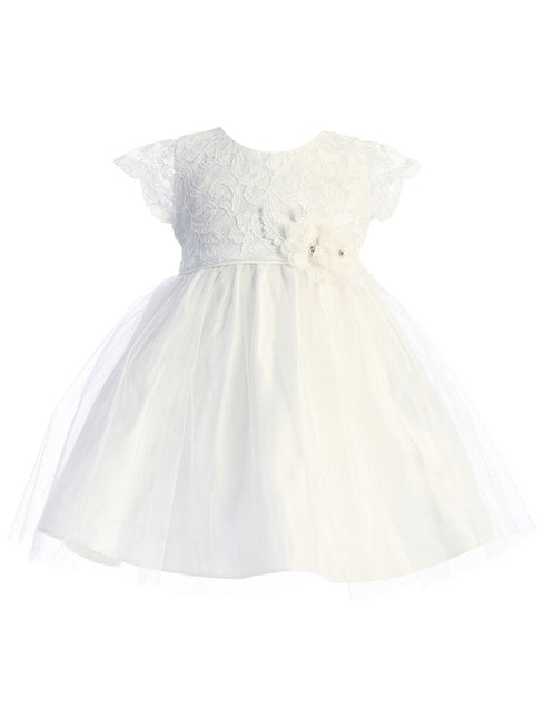 Baby Girls Off White Floral Patch Waist Lace Flower Girl Dress 6-24 Months - SophiasStyle.com